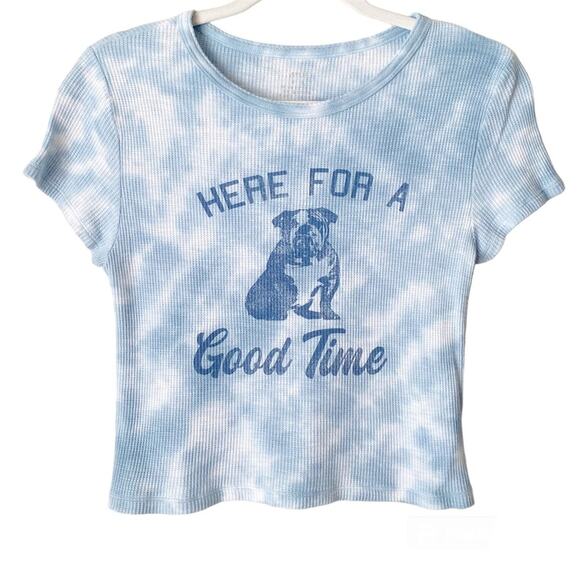 Aerie | Bulldog Good Time Cropped Baby Tee Shirt Waffle Knit Tie Dye Blue Medium - Picture 1 of 5